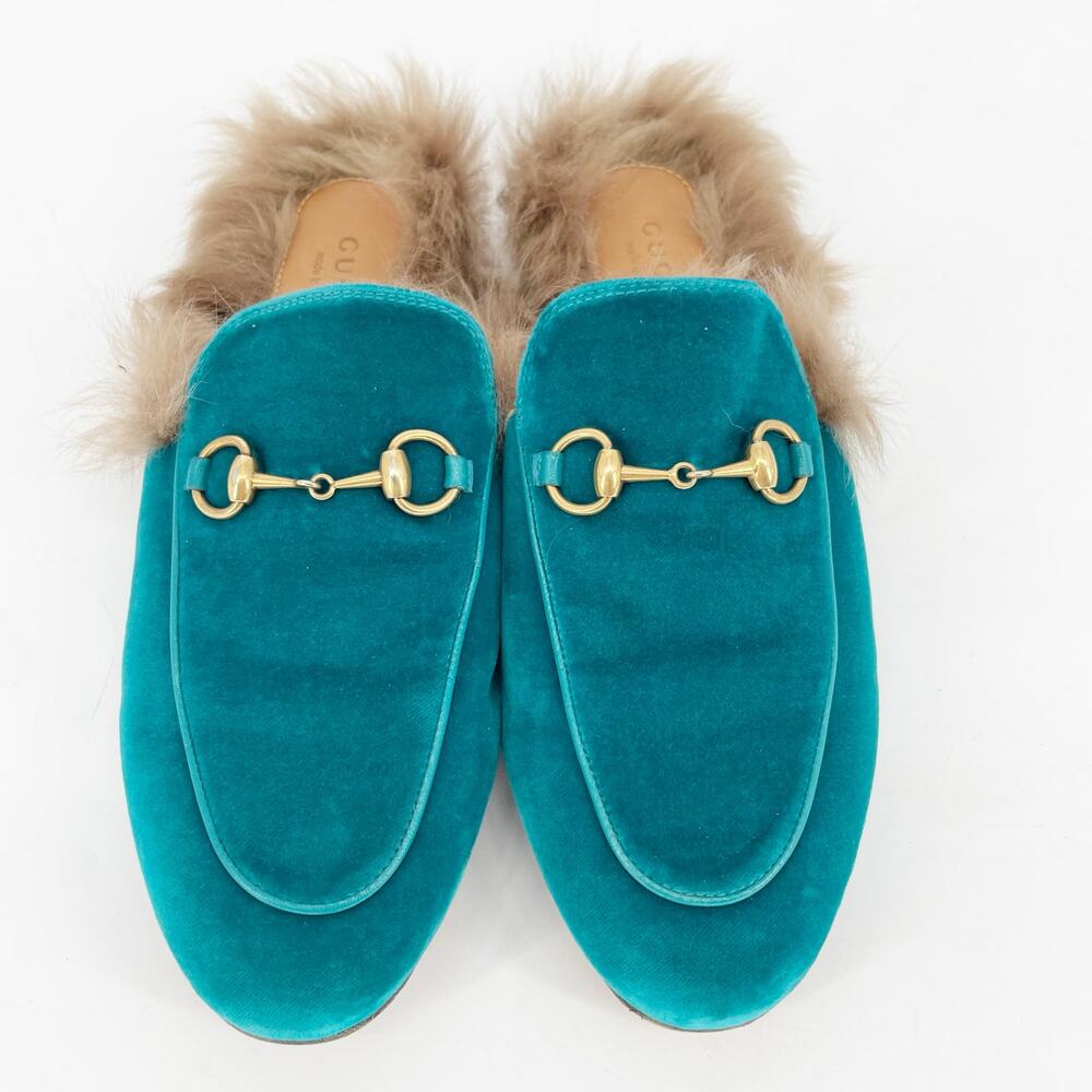Gucci Teal Velvet Fur Lined Princetown Horsebit Mule Slipper Flats EU 37 - Picture 5 of 9